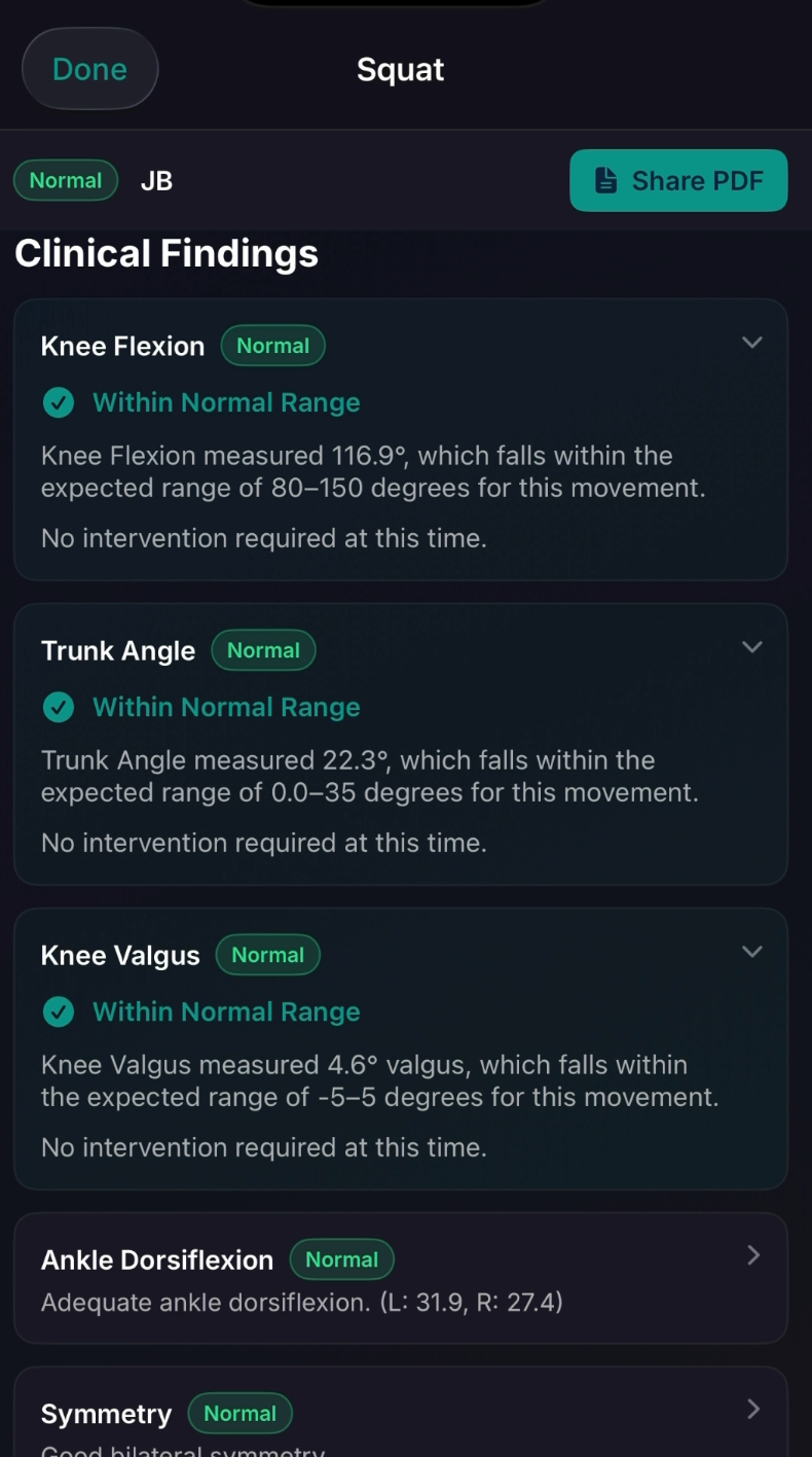 Clinical findings with per-metric normal-range verdicts for knee flexion, trunk angle, and knee valgus