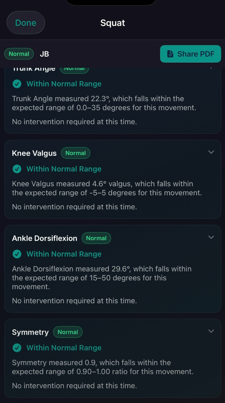 Expanded findings showing measured values against expected ranges for ankle dorsiflexion and symmetry