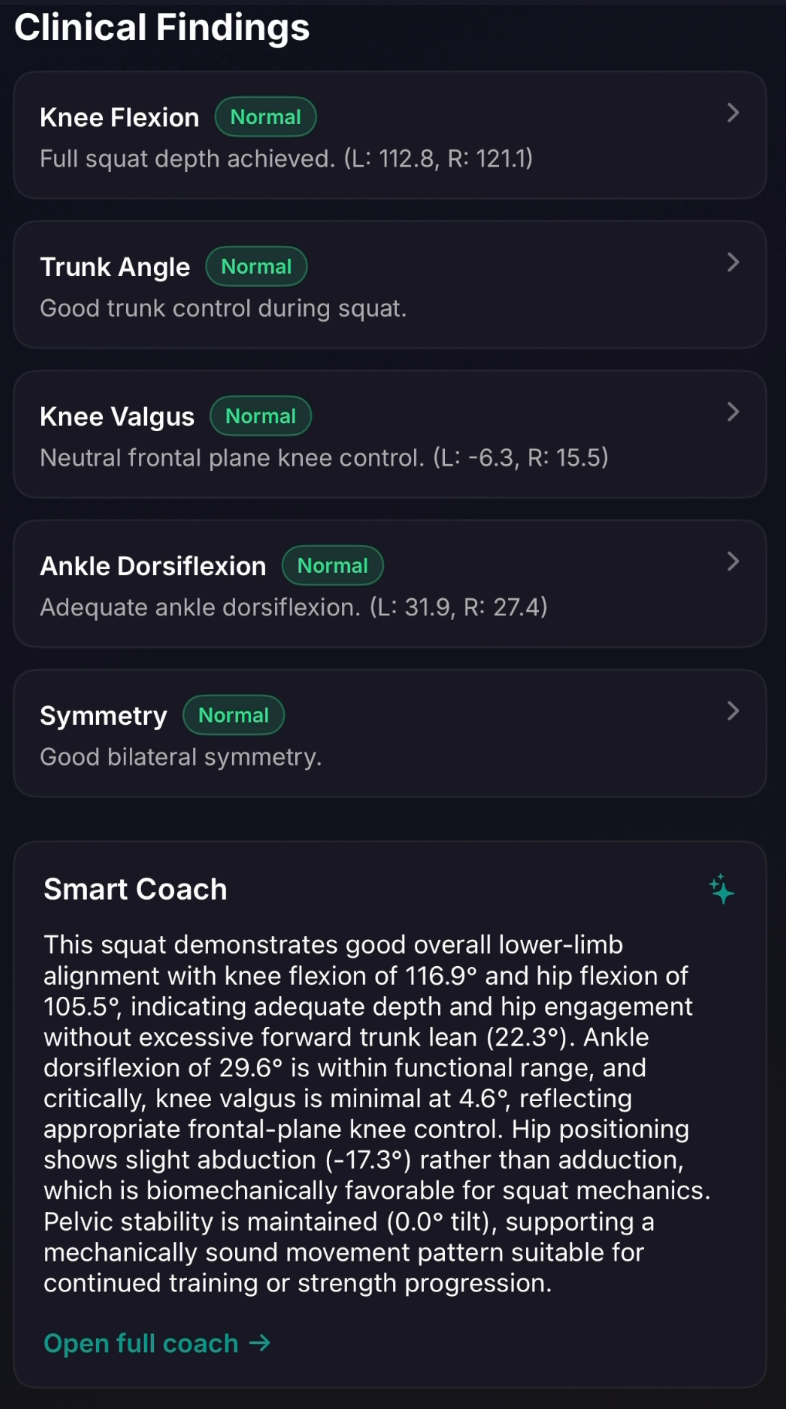 Clinical findings summary with Smart Coach narrative analysis of the squat