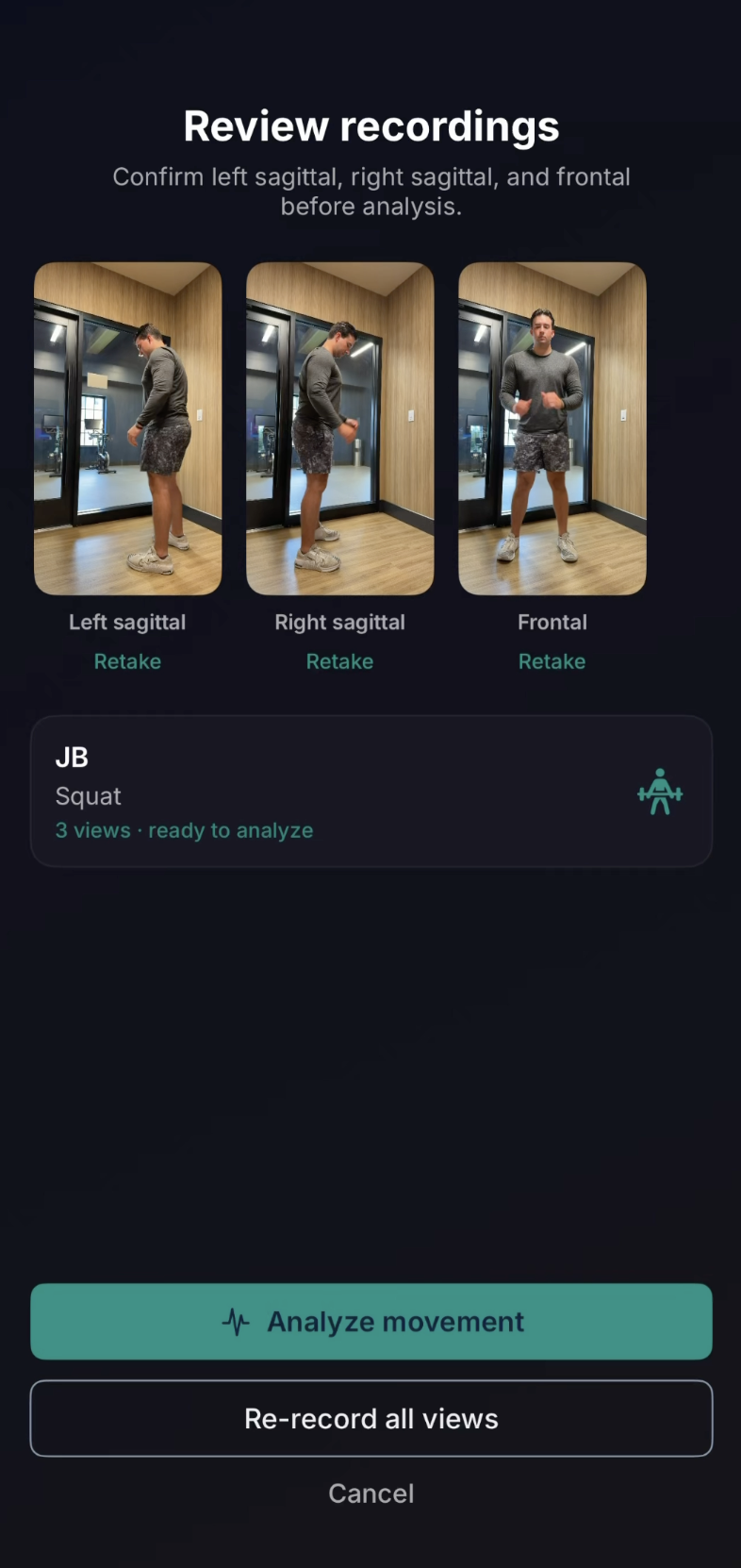 Review recordings screen confirming left sagittal, right sagittal, and frontal takes before analysis